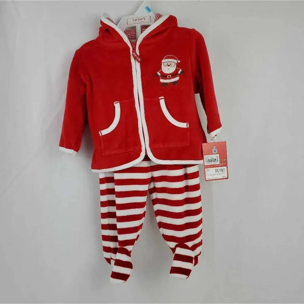 Carters Baby Jacket Pant Set Red Stripe Santa Claus Hooded Pockets Full Zip 6 M